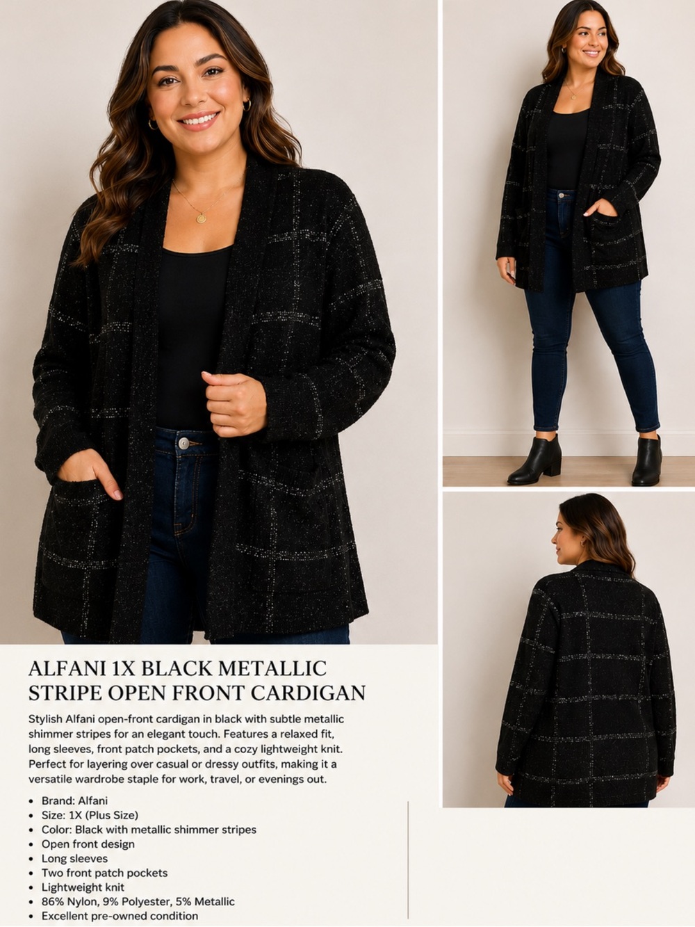 Alfani 1X Black Metallic Stripe Open Front Cardigan Plus Size Long Sleeve